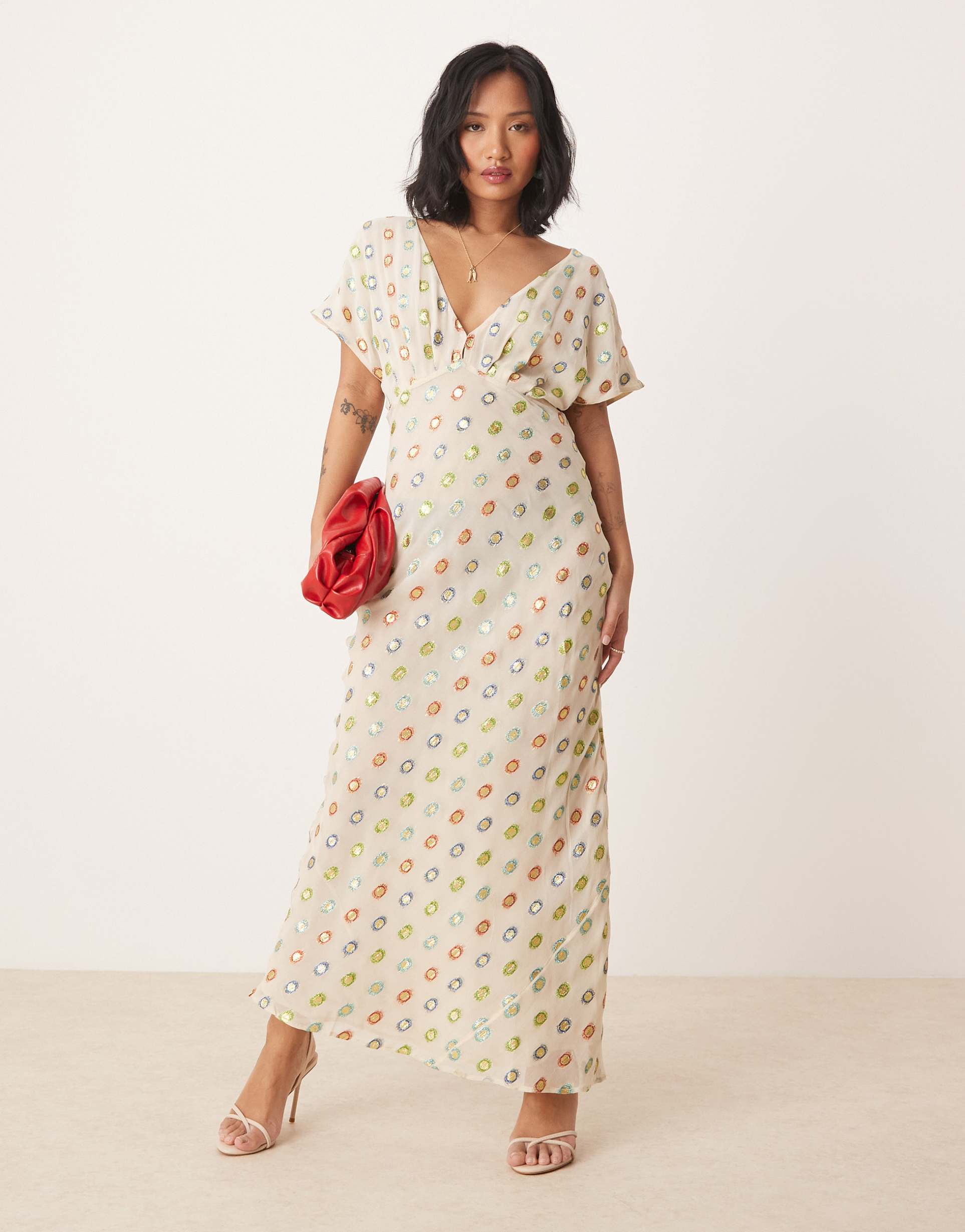 never fully dressed petite multi-color gold foil maxi dress in cream