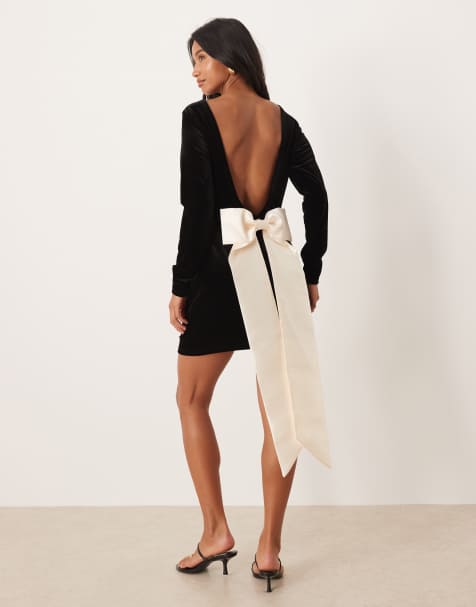 Never Fully Dressed Petite open back mini dress with detachable bow in black - view 1