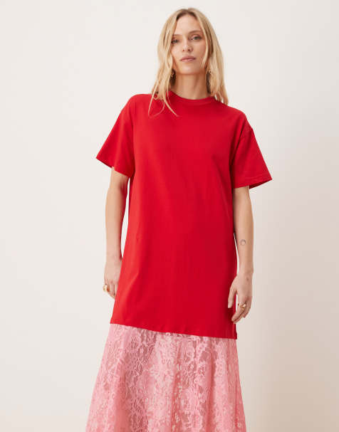 Never Fully Dressed Petite - Oversized maxi T-shirtjurk van jersey met kanten rok in rood en roze - view 1