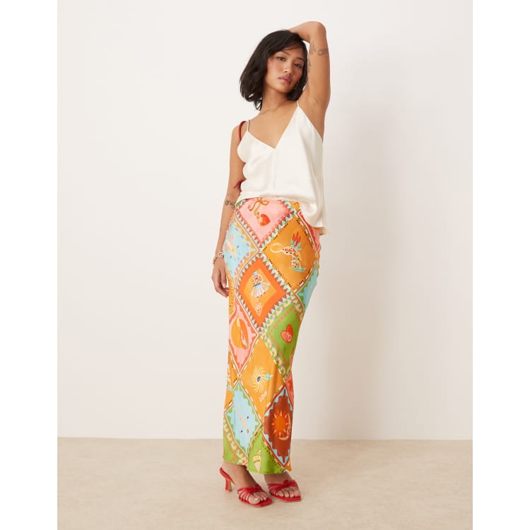 Never Fully Dressed Petite print maxi skirt in patchwork print | ASOS