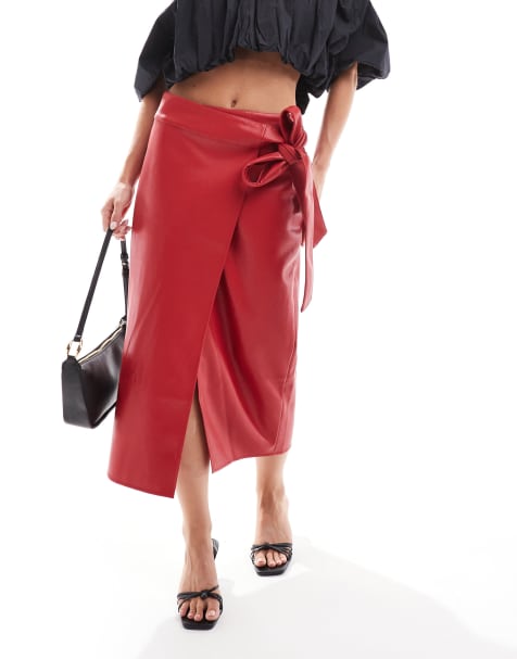 Never Fully Dressed Petite PU Jaspre midi skirt in red 