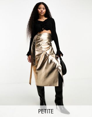 Petite PU metallic wrap midi skirt in gold