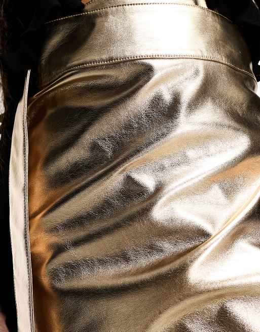 Never Fully Dressed Petite PU metallic wrap midi skirt in gold