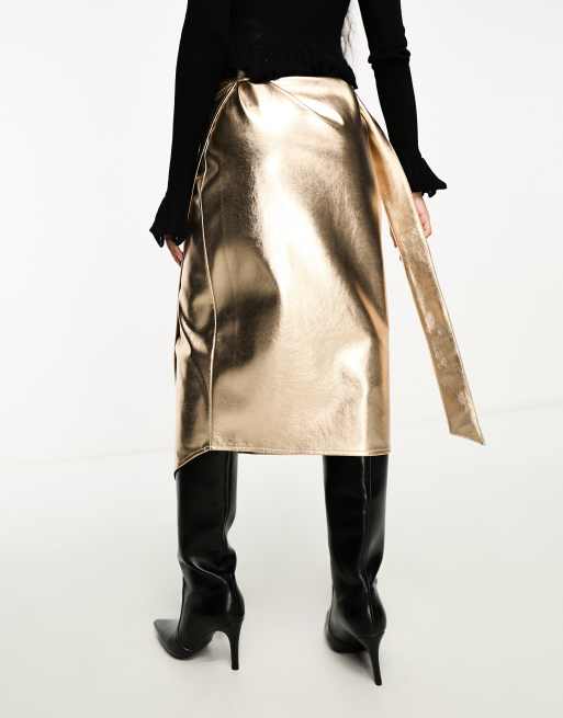 Metallic wrap outlet midi skirt