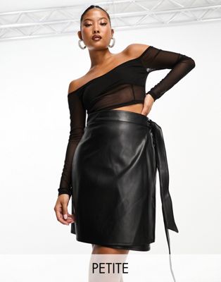Petite PU wrap mini skirt in black