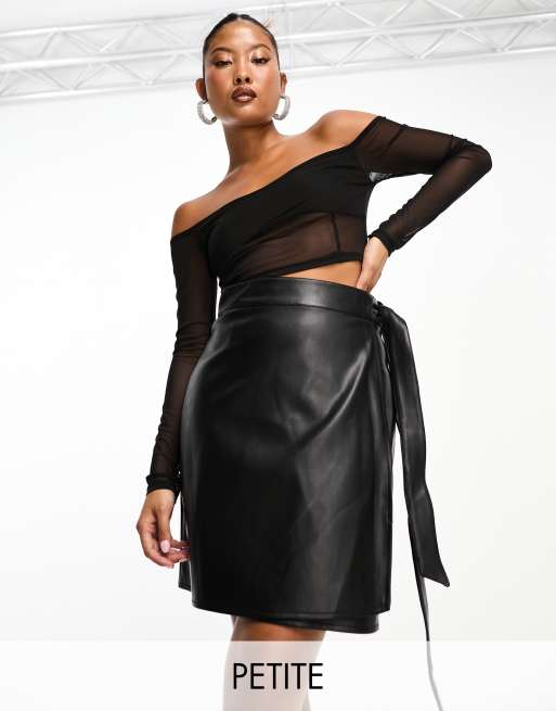 Never Fully Dressed Petite PU wrap mini skirt in black | ASOS