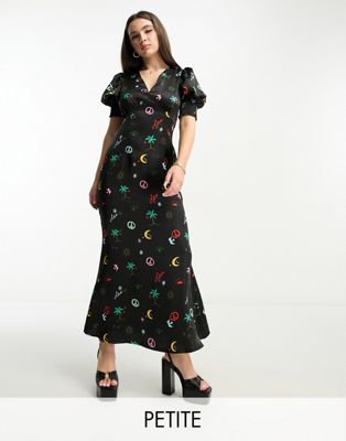 NEVER FULLY DRESSED PETITE PUFF SLEEVE MAXI DRESS IN NEON PARADISE PRINT-BLACK