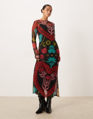 Petite - Robe longueur mollet en tulle imprimé abstrait coloré-Multicolore 38
