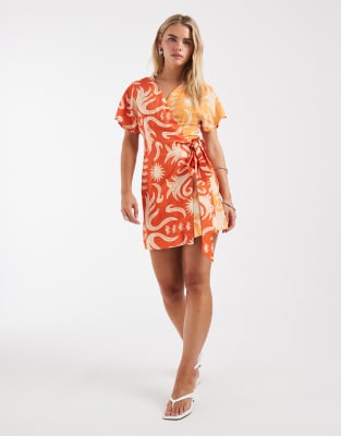 Never Fully Dressed Petite Sarah Wrap Mini Dress In Orange