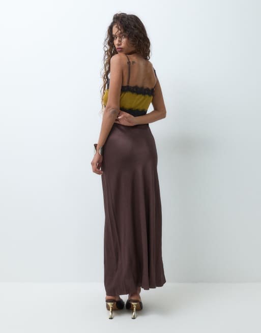 Never Fully Dressed Petite satin cami lace detail maxi dress in chocolate, 2 of 5