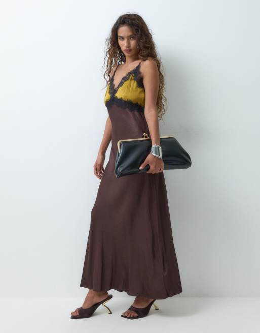 Never Fully Dressed Petite satin cami lace detail maxi dress in chocolate, 4 of 5