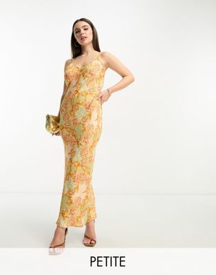 Petite satin slip maxi dress in lavish gold floral