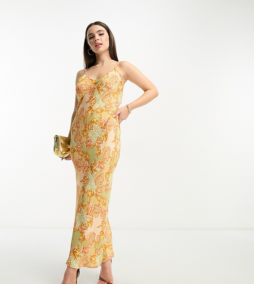 Petite satin slip maxi dress in lavish gold floral