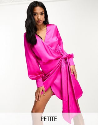 Never Fully Dressed Petite satin wrap mini dress in bright pink
