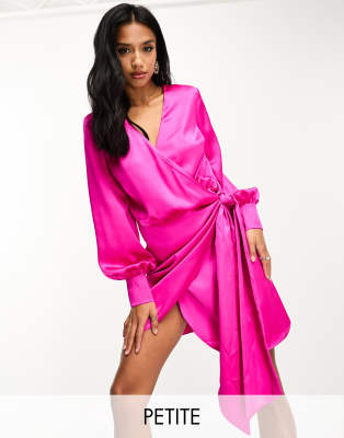 Never Fully Dressed Petite satin wrap mini dress in bright pink - ASOS Price Checker