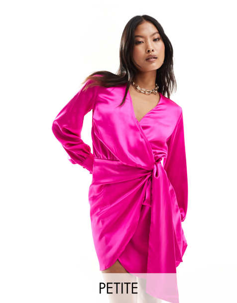 Never Fully Dressed Petite satin wrap mini dress in bright pink - view 1