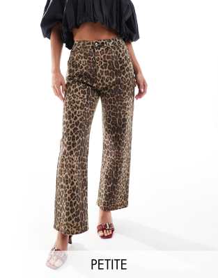 Petite scallop pocket detail jeans in leopard print-Brown