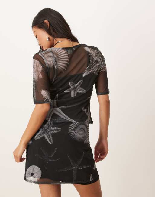 Never Fully Dressed Petite seashell print mesh mini skirt in black (part of a set), 4 of 5