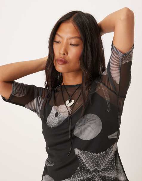 Never Fully Dressed Petite seashell print mesh t-shirt in black (part of a set) - view 1