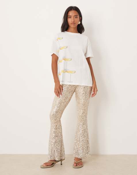 Never Fully Dressed Petite sequin flared trouser co-ord in silver
