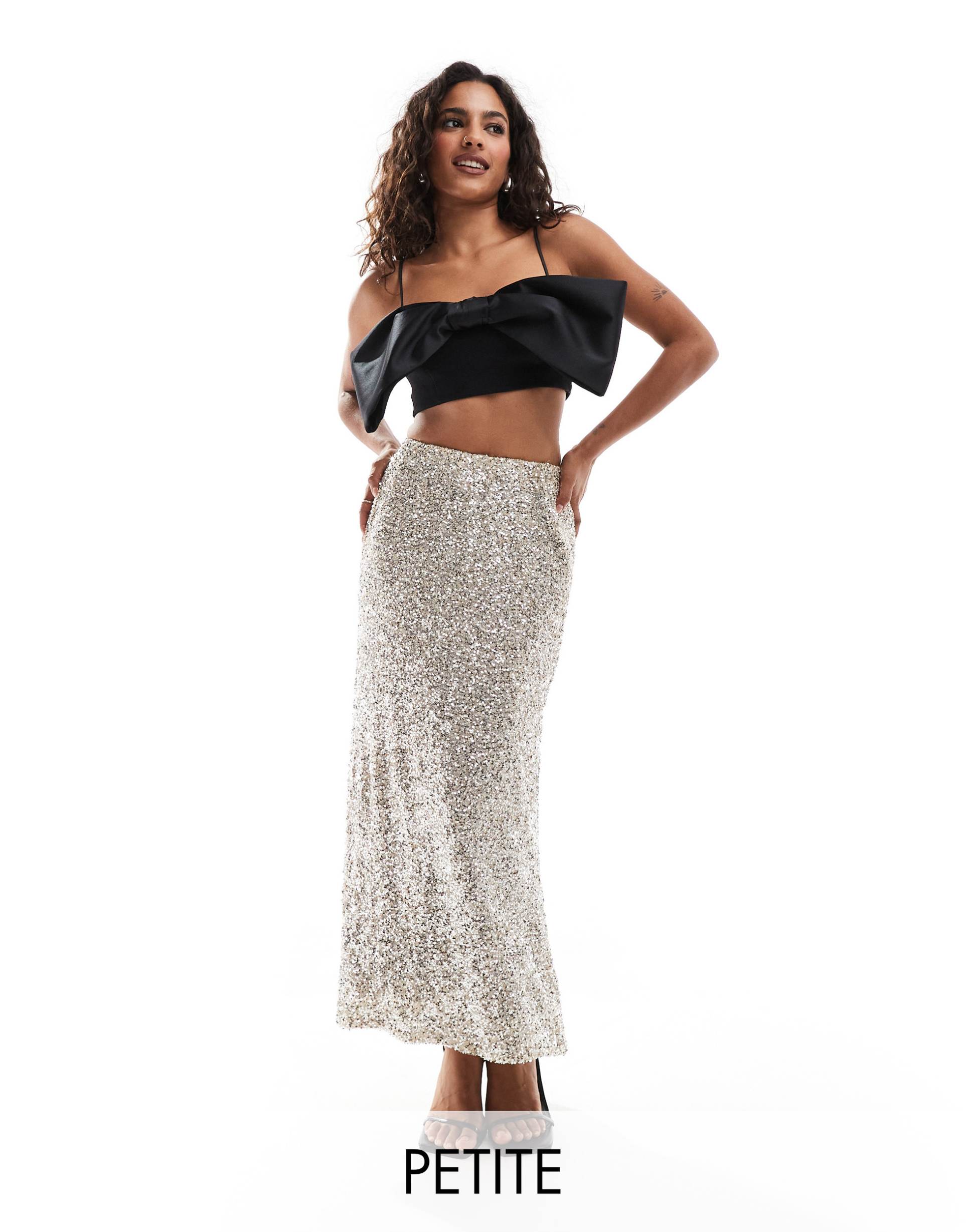 never fully dressed petite sequin maxi skirt in silver