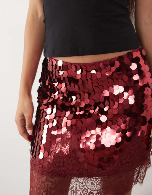 Never Fully Dressed Petite sequin mini skirt with lace trim in burgundy, 3 of 5