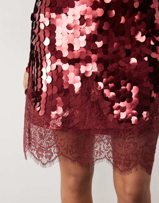 Never Fully Dressed Petite sequin mini skirt with lace trim in burgundy, 4 of 5