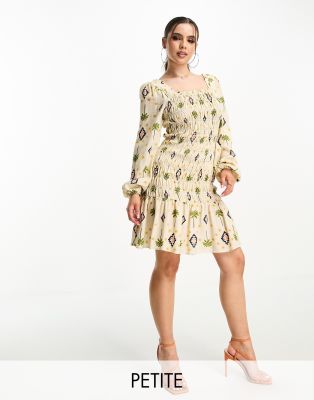 Never Fully Dressed Petite shirred mini dress in gold palm print - ASOS Price Checker