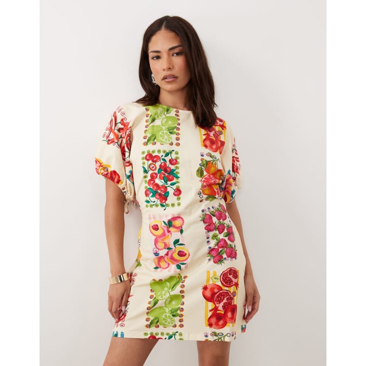 a line petite mini dress Never Fully Dressed short sleeve tie back A-line in fruit print cream Features Halter strap Cut Color:Ink engpai19226 A variety of bridal