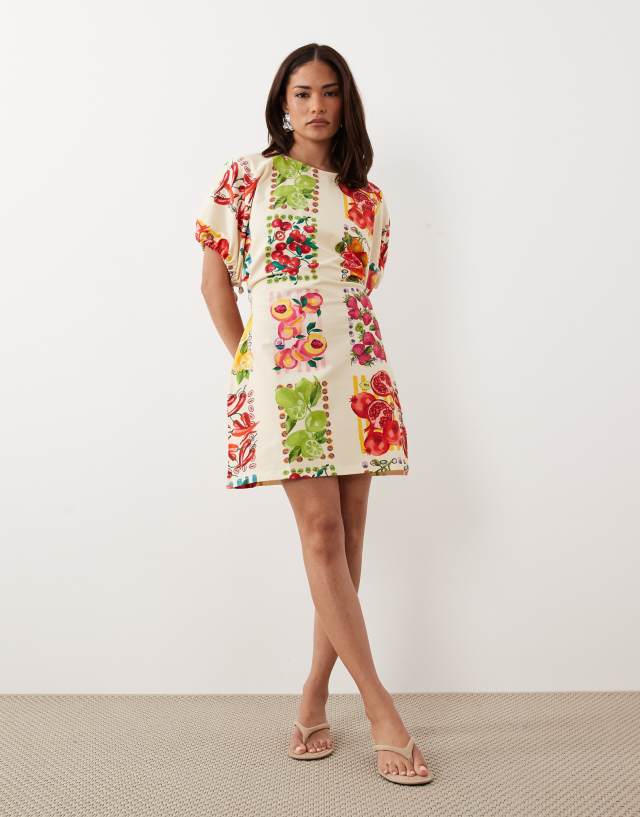 a line mini dress with short sleeves Never Fully Dressed Petite sleeve tie back A-line in fruit print cream MERMAID Elegant Ribbon Halter Maxi Size:XXS/XS Deep pockets