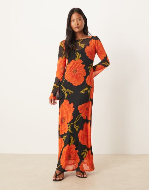 Never Fully Dressed Petite long sleeve mesh maxi dress in poppy print