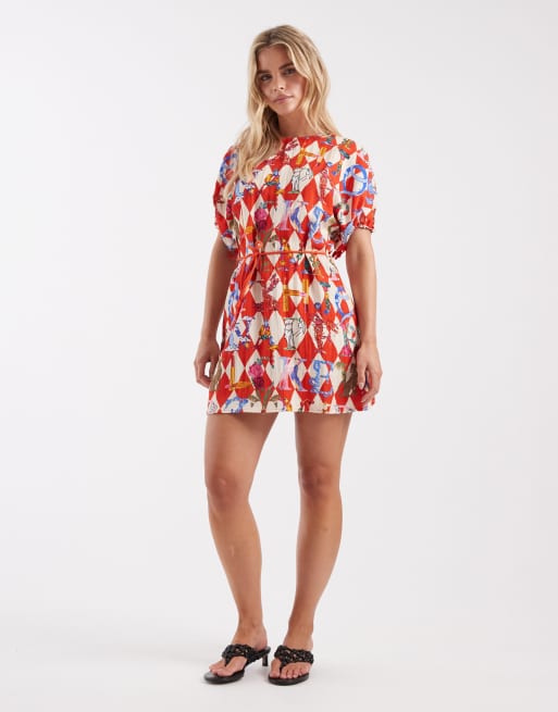 Never Fully Dressed Petite Simmi mini dress in red harlequin print, 2 of 4