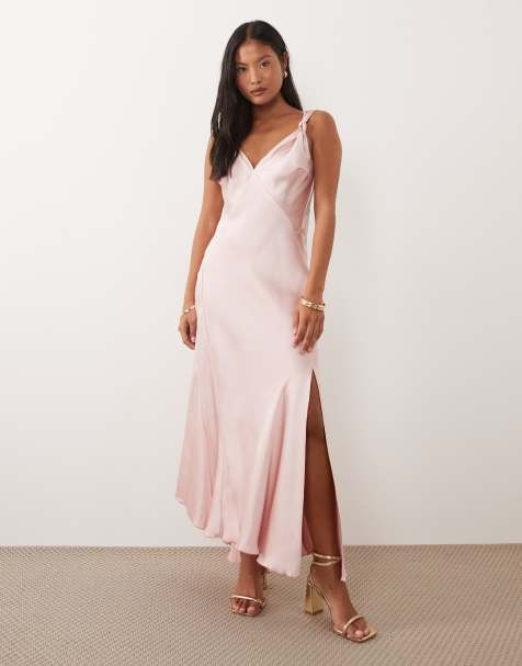 Never Fully Dressed Petite - Sofia - Schuingesneden satijnen maxi jurk met geknoopte bandjes in roze - view 1