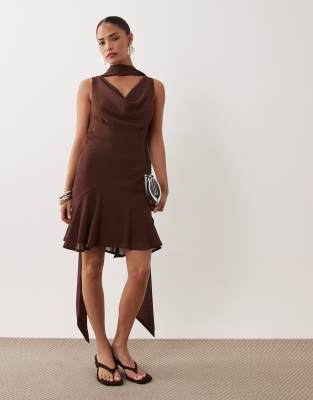 Never Fully Dressed Petite Sophie Chiffon Cowl Neck Scarf Detail Mini Dress In Brown
