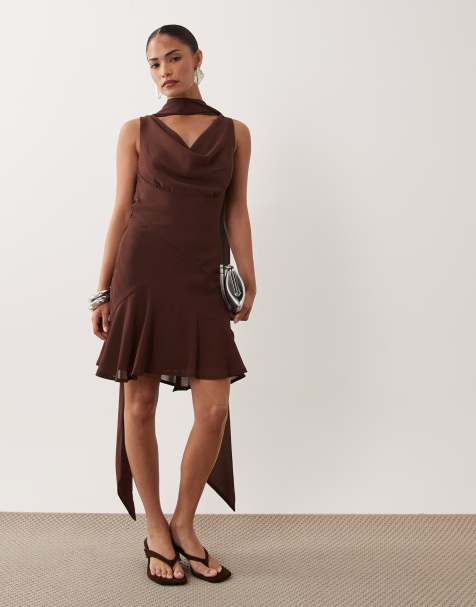 Never Fully Dressed Petite Sophie chiffon cowl neck scarf detail mini dress in chocolate - view 1