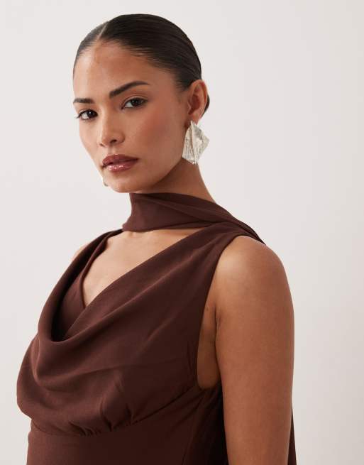 Never Fully Dressed Petite Sophie chiffon cowl neck scarf detail mini dress in chocolate, 3 of 4