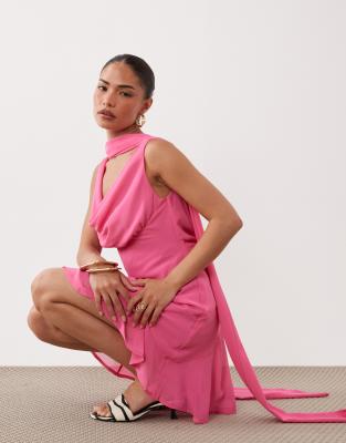 Never Fully Dressed Petite Sophie Chiffon Cowl Neck Scarf Detail Mini Dress In Pink