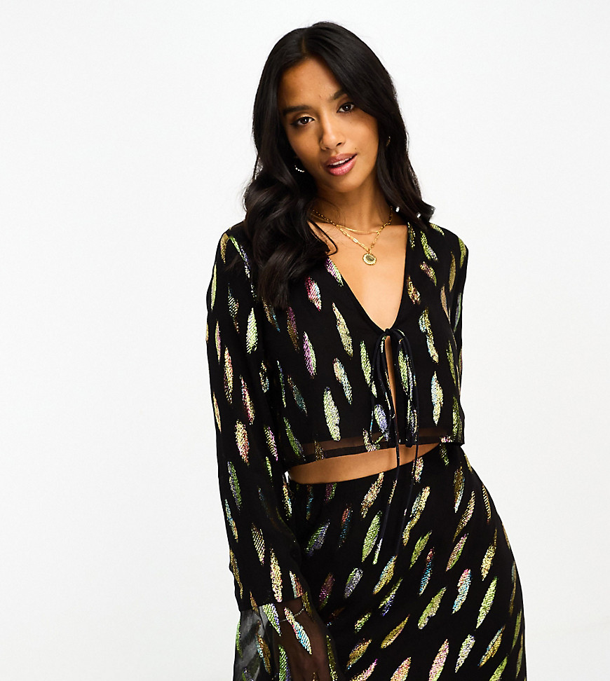 Never Fully Dressed Petite tie front cropped shirt co-ord in metallic leaf-Black