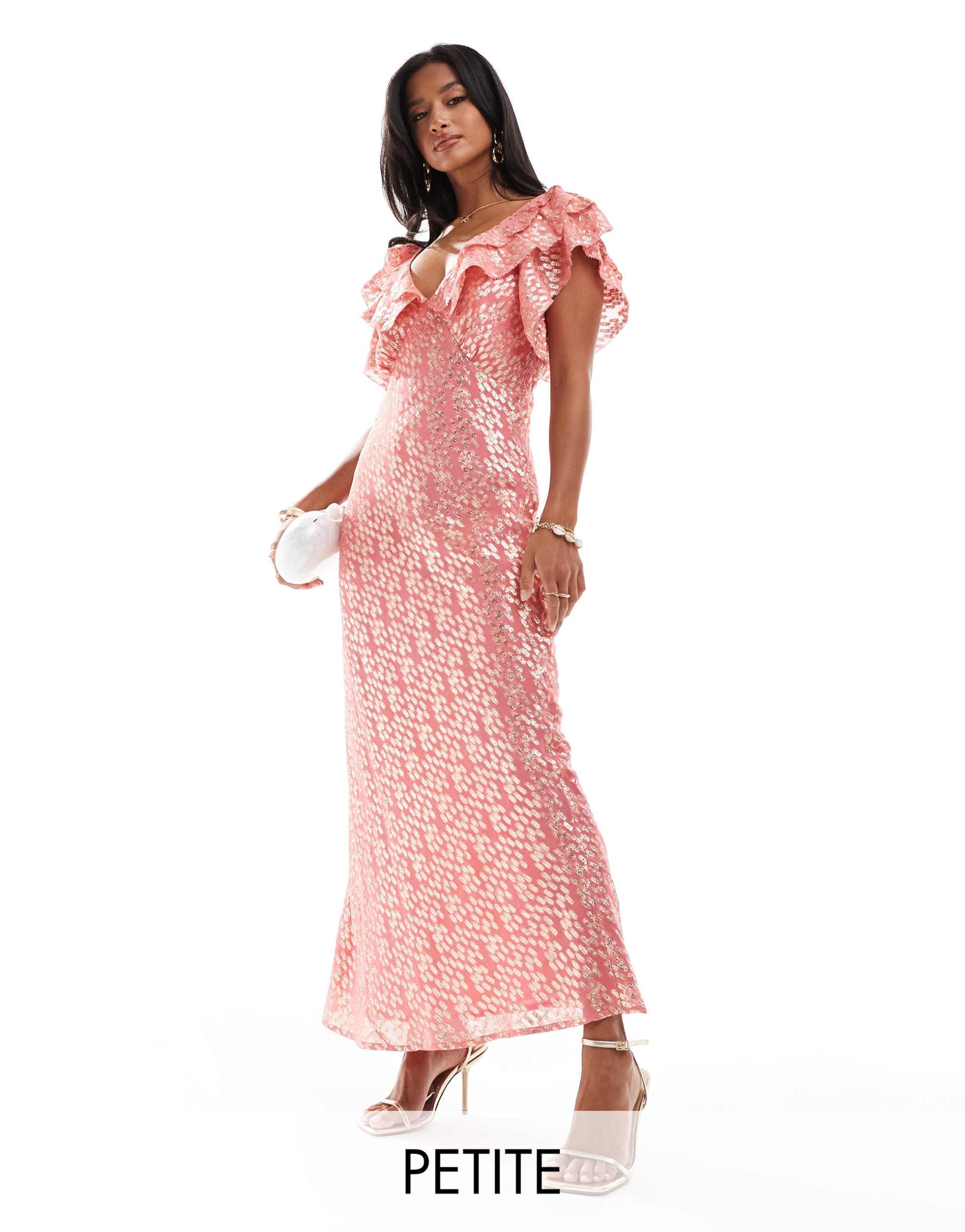 never fully dressed petite tilda gold fleck ruffle maxi dress in pink