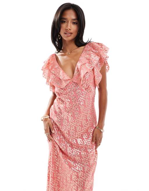 pink boho mini tilda dress Never Fully Dressed Petite Tilda gold fleck ruffle maxi dress in pink