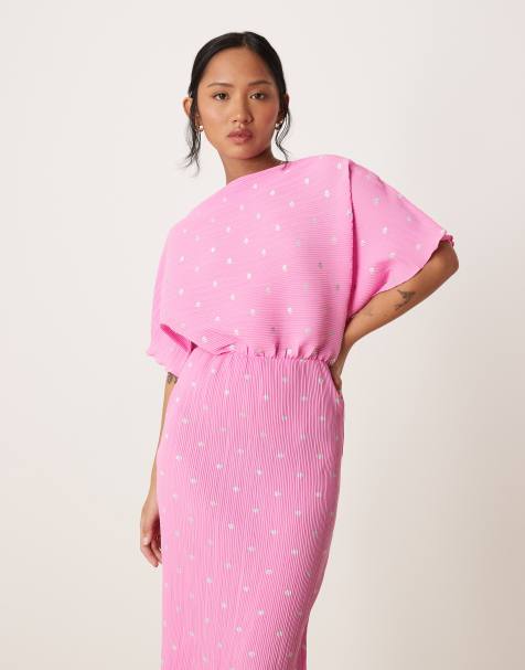 Never Fully Dressed Petite Tilly off shoulder plisse maxi dress in pink