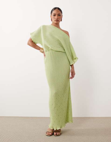 Never Fully Dressed Petite Tilly off shoulder plisse maxi dress in pistachio green - view 1