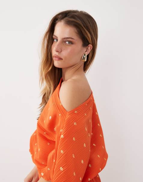 Never Fully Dressed Petite Tilly off shoulder plisse mini dress in orange - view 1