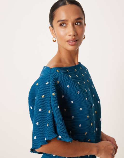 Never Fully Dressed Petite Tilly off the shoulder plissé maxi dress in metalic green polka dots, 2 of 4