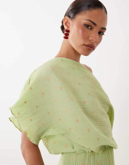 Never Fully Dressed Petite Tilly off the shoulder plissé maxi dress in pistachio green, 4 of 4