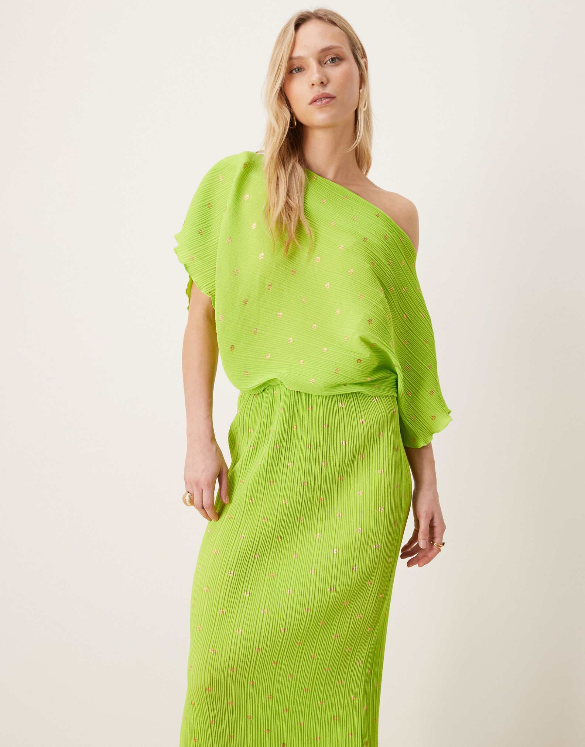 never fully dressed petite tilly off the shoulder plissé midaxi dress in lime with metallic polka dots
