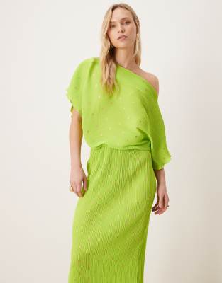 Never Fully Dressed Petite Tilly off the shoulder plissé midaxi dress in metallic lime polka dots