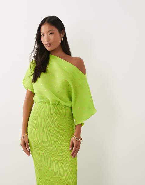Never Fully Dressed Petite Tilly off the shoulder plissé midaxi dress in metallic lime polka dots - view 1