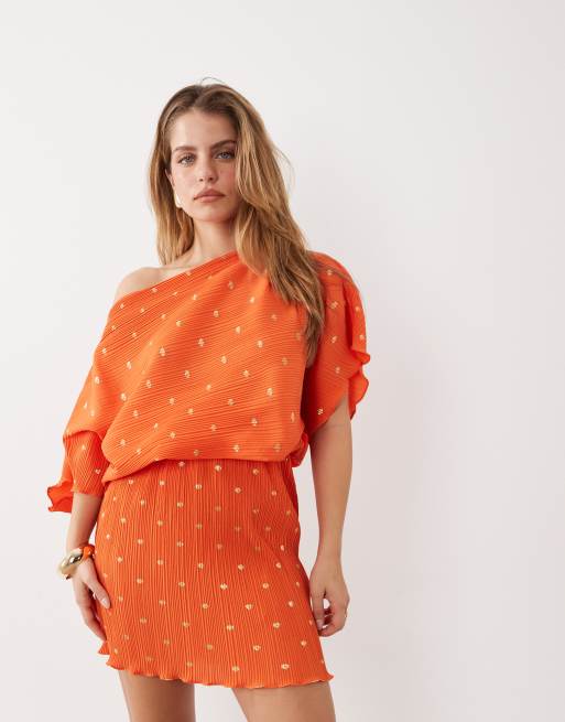 Never Fully Dressed Petite – Tilly – Orange, plisserad miniklänning med bara axlar, 3 av 4