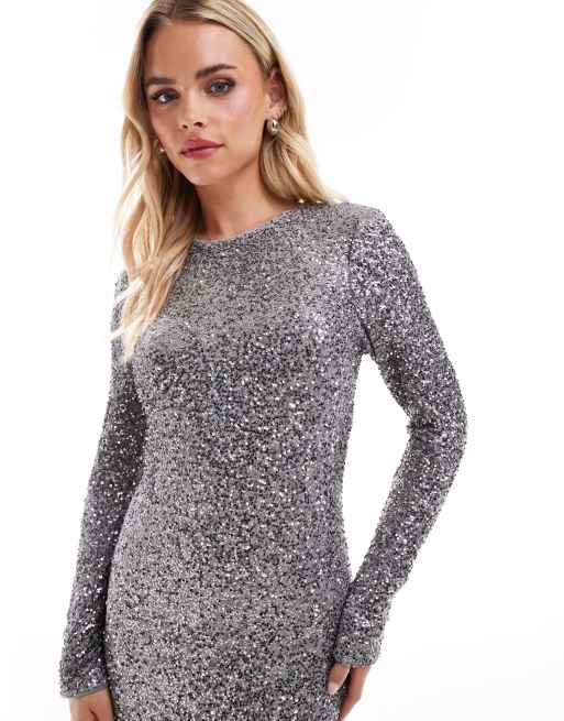Never Fully Dressed Petite - Vestito lungo in paillettes color piombo, 3 di 4